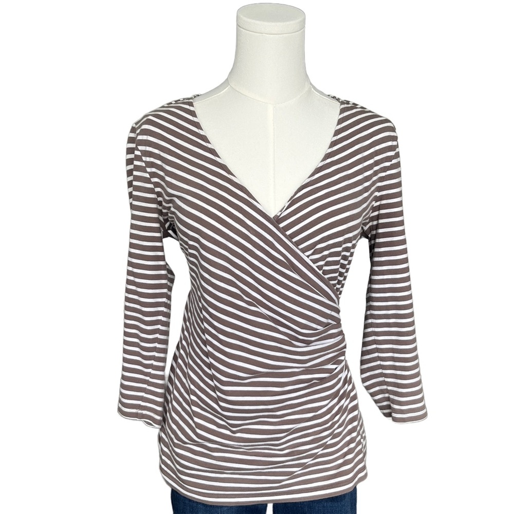 Ann Taylor Brown and White Striped Wrap-Front Long Sleeve Top Size M